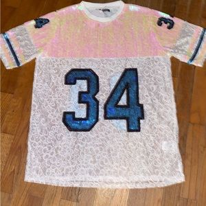 Codigi White Sequined Jersey, with white lace & Blue sequined number 34 NWOT